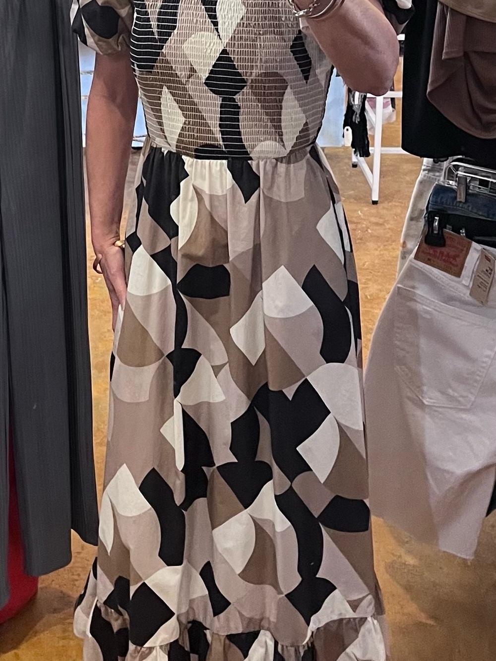Maxi Dress in Neutral Geometric Print - Beige Black Cream